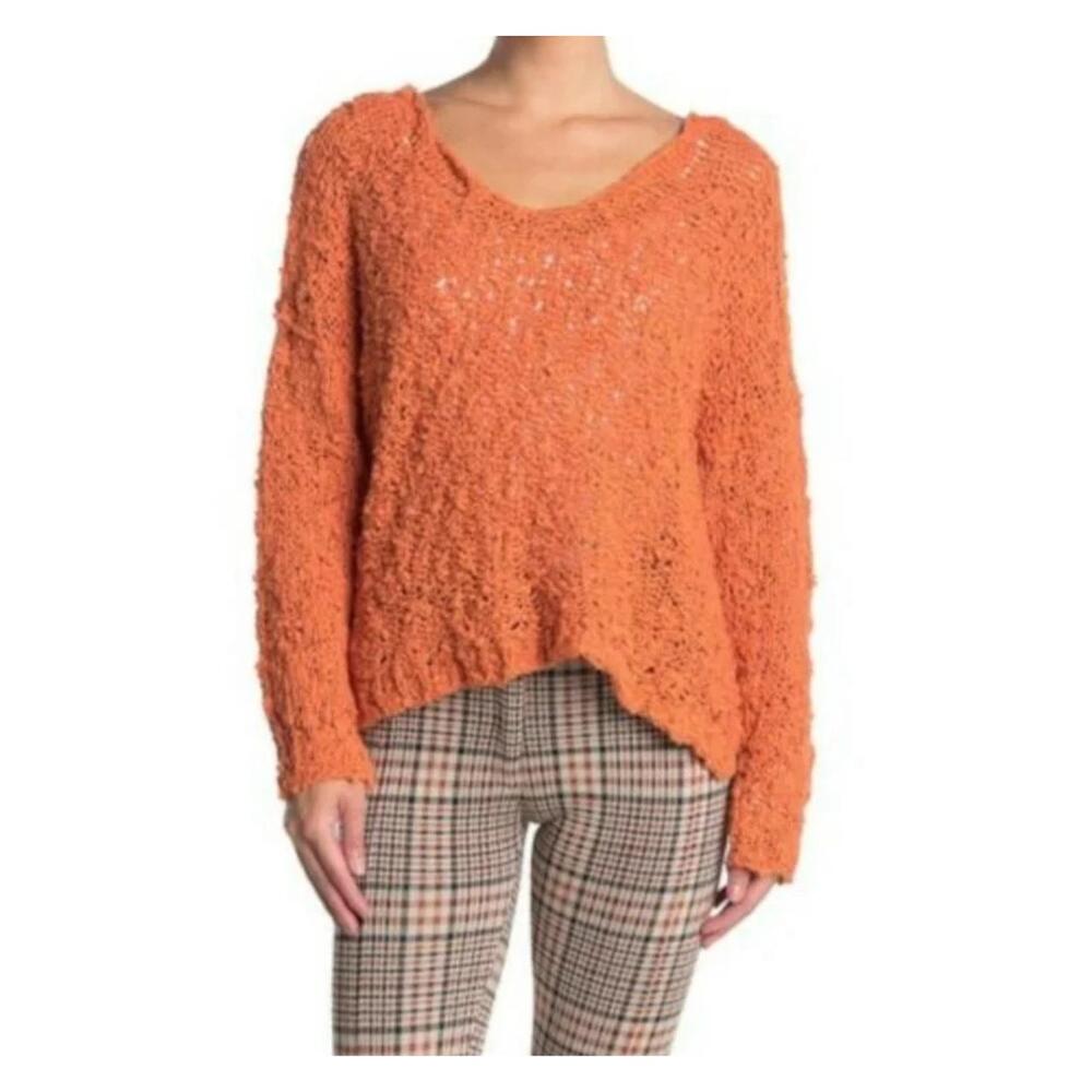Free People Womens Rust Orange Knitted Long V-Neck Sleeve Sweater Crochet Sz XS